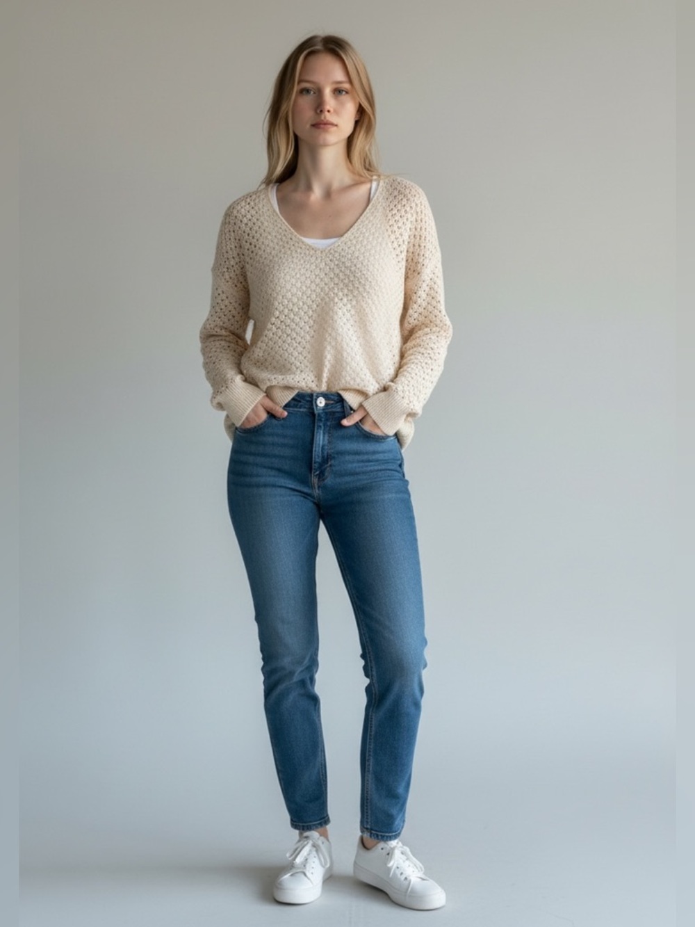 BE COOL Cream Open-Knit V-Neck Sweater Never been worn